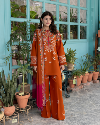 Dhanak-3PC Embroidered Shirt with Chiffon Embroidered Dye N Dye Dupatta - 6399