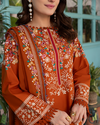Dhanak-3PC Embroidered Shirt with Chiffon Embroidered Dye N Dye Dupatta - 6399