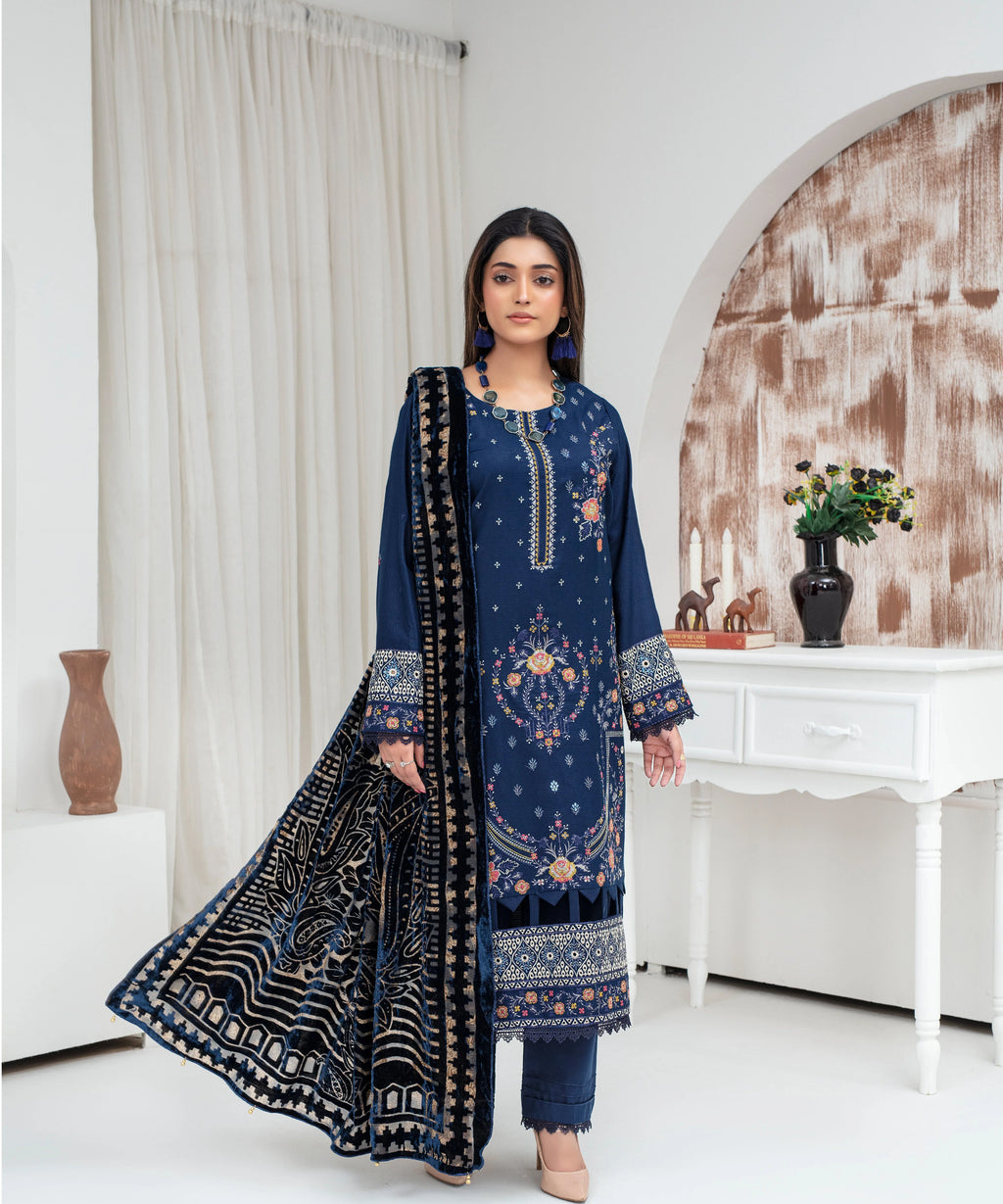 CREATION Dhanak 3PC Chikankari Embroidered Shirt With Velvet Plachi Shawl- 2103