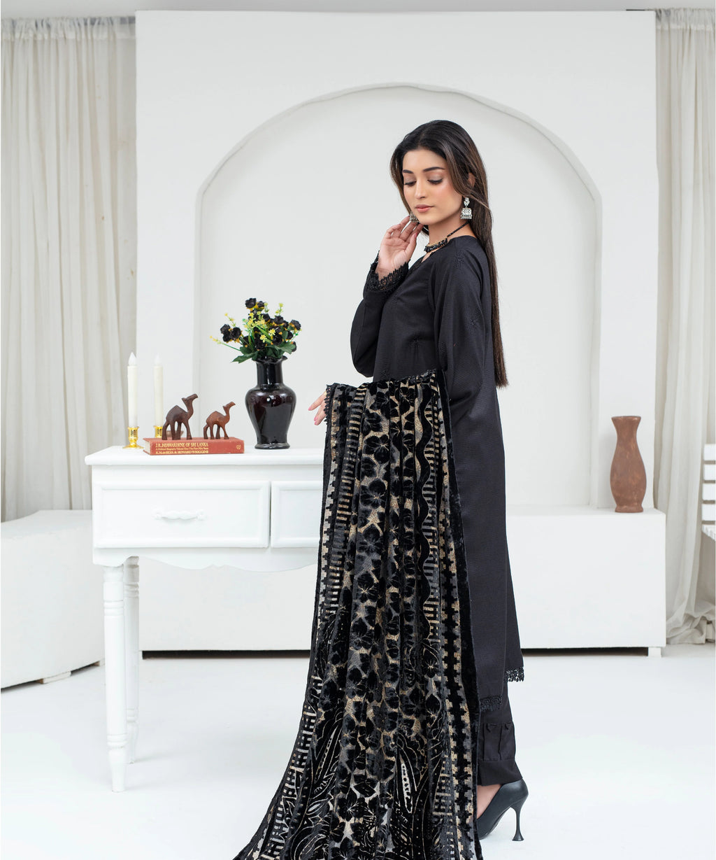 CREATION Dhanak 3PC Chikankari Embroidered Shirt With Velvet Plachi Shawl- 2107