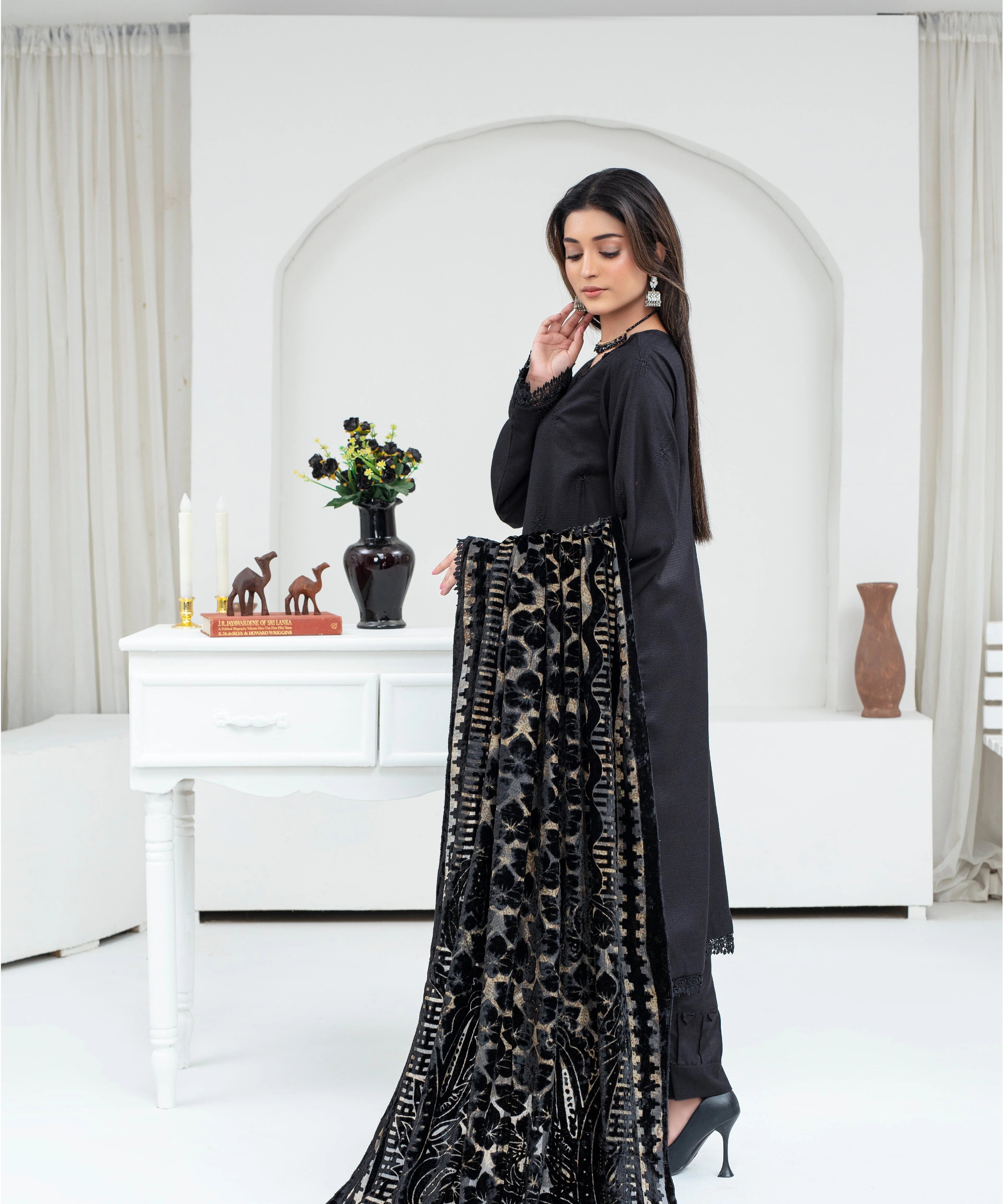 CREATION Dhanak 3PC Chikankari Embroidered Shirt With Velvet Plachi Shawl- 2107
