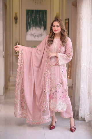 Dhanak-3PC Chikankari Embroidered Shirt with Manaar Embroidered Dupatta - 6107