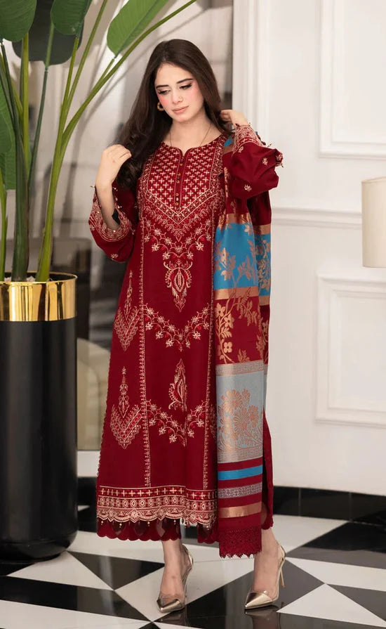 Dhanak-3PC Embroidered Shirt with Digital Printed Wool Shawl - 3527