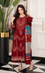 Dhanak-3PC Embroidered Shirt with Digital Printed Wool Shawl - 3527