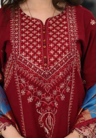 Dhanak-3PC Embroidered Shirt with Digital Printed Wool Shawl - 3527