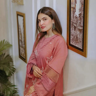 Dhanak-3PC Embroidered Shirt with Digital Printed Wool Shawl - 3330