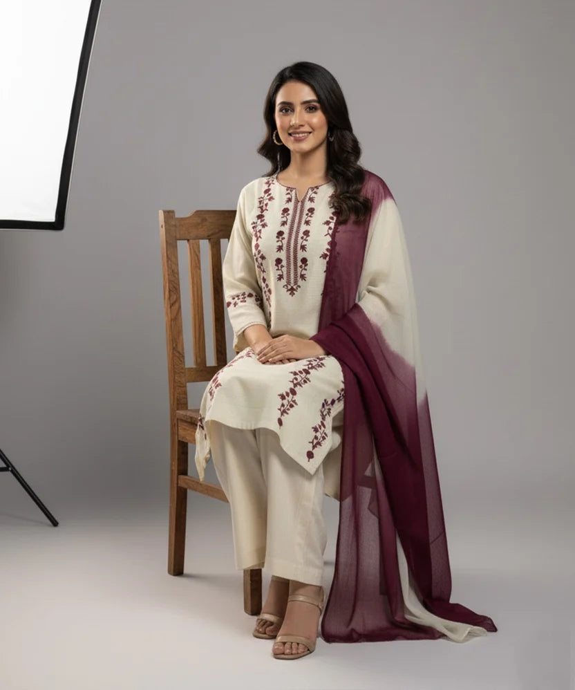 Dhanak-3PC Embroidered Shirt with Chiffon Tie and Dye Dupatta - 3509