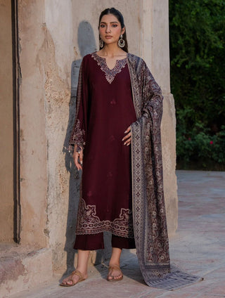 Dhanak-3PC Embroidered Shirt with Digital Printed Wool Shawl - 6047