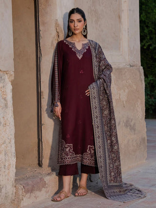 Dhanak-3PC Embroidered Shirt with Digital Printed Wool Shawl - 6047