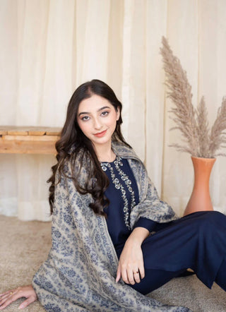 Dhanak-3PC Embroidered Shirt with Digital Printed Wool Shawl - 629
