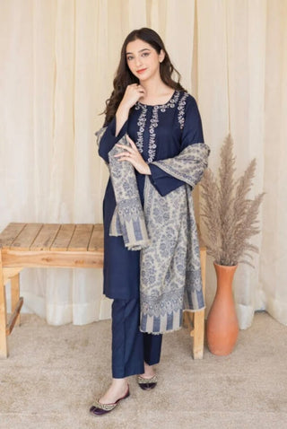 Dhanak-3PC Embroidered Shirt with Digital Printed Wool Shawl - 629