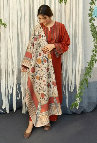 Dhanak-3PC Embroidered Shirt with Digital Printed Wool Shawl - 651