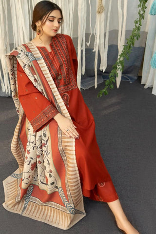 Dhanak-3PC Embroidered Shirt with Digital Printed Wool Shawl - 651
