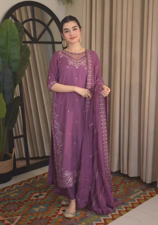 Dhanak-3PC Sequence Embroidered Shirt with Chiffon Embroidered Dupatta - 6441