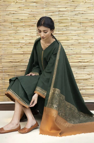 Dhanak-3PC Embroidered Shirt with Digital Printed Shawl - 471