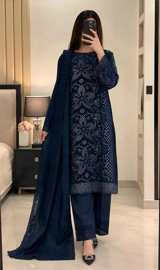 Dhanak-3PC Chikankari Embroidered Shirt with Khadi Net RTW Embroidered Dupatta - 6462