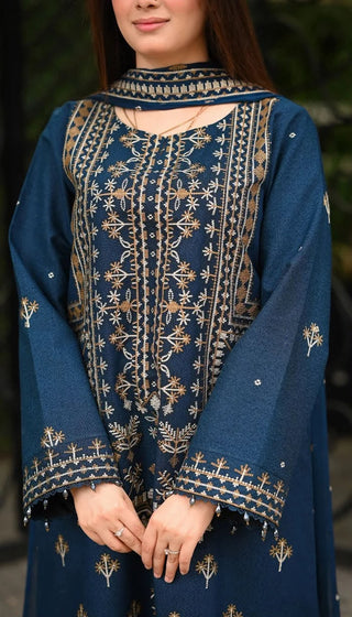 Dhanak-3PC Embroidered Shirt with Chifoon Embroidered Dupatta - 6468