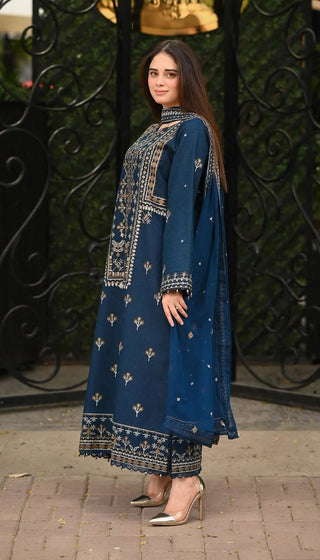 Dhanak-3PC Embroidered Shirt with Chifoon Embroidered Dupatta - 6468